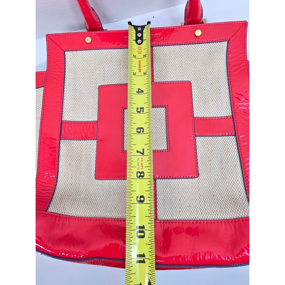 Jonathan Adler Red Patent Leather Trim Linen Cotton Canvas Geometric Tote Bag - Picture 7 of 7
